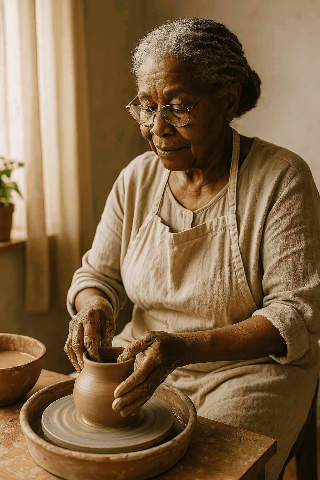 Femme noire âgée concentrée sur une création en poterie
